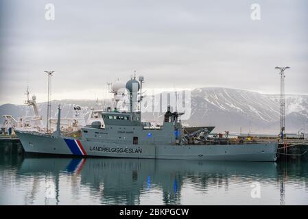 ICGV Thor, ammiraglia della Guardia Costiera islandese dal 2011, nel porto di Reykjavik. Islanda. Foto Stock