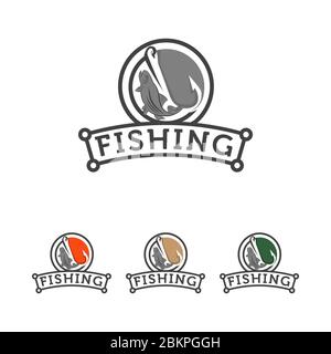 modello di design con logo fish and hook, logo vettoriale per la pesca Illustrazione Vettoriale