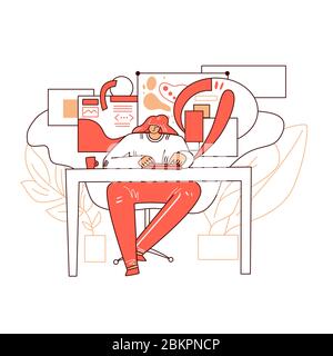 Formazione online, apprendimento su un concetto grafico astratto vettore laptop. Ragazza seduta a casa con un tablet, guardando video educativi in modo creativo Illustrazione Vettoriale