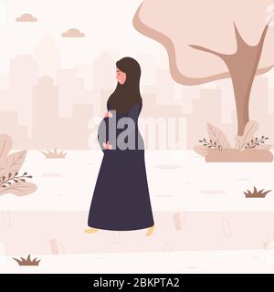 Donna musulmana incinta in abaya e hijab passeggiate per strada. Moderna illustrazione vettoriale in stile piatto isolata su sfondo morbido. Illustrazione Vettoriale