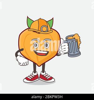 Un'illustrazione del personaggio della mascotte di Eggfruit Cartoon che tiene un bicchiere di birra Illustrazione Vettoriale