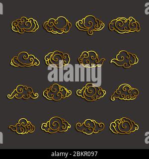 Set di vettori di tratto a linea singola per nuvole dorate. Illustrazione Vettoriale