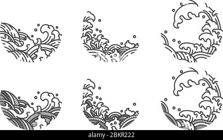 Linea orientale e tradizionale a forma d'onda d'acqua. E ombreggiare con linea a strisce. Giapponese, tailandese, cinese. Disegno decorativo astratto arti. Illustrazione Vettoriale