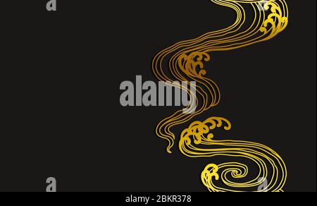 Water Wave arte sfondo senza cuciture. Linea dorata di stile asiatico minimalista su grigio scuro. Giapponese. Cinese. Tailandese. Illustrazione Vettoriale