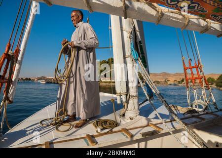 Egitto, Alto Egitto, vicino all'isola di Elefanina, marinaio su una feluca che naviga sul Nilo Foto Stock