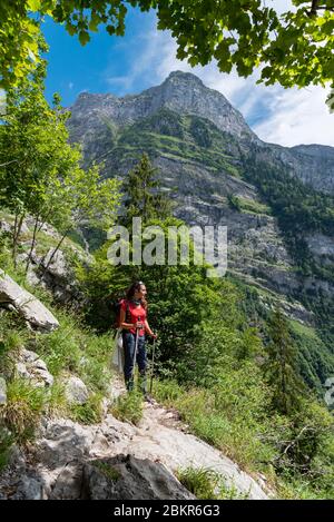 Francia, alta Savoia (74), Massif du Chablais, Samo?ns, escursionista al posto chiamato Cr?t, sullo sfondo il monte Criou Foto Stock