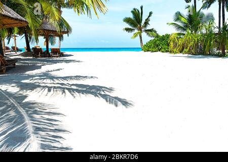 Vista panoramica di una bella giornata di sole sulla spiaggia di sabbia nelle Maldive. Concetto di viaggio tropicale. Foto Stock