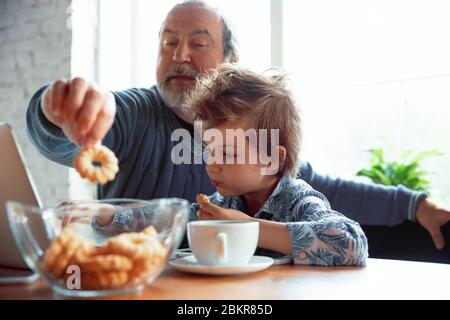 Utilizzo dei dispositivi. Nonno e suo nipote che trascorrono insieme il tempo isolato a casa. Divertirsi, giocare online, leggere e pulire. Concetto di quarantena, famiglia, amore, realtà, insieme. Foto Stock