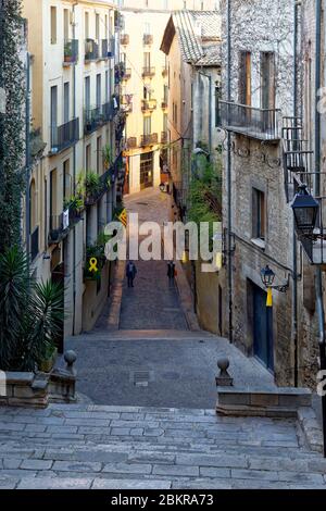 Spagna, Catalogna, Costa Brava, Girona, scale nel vecchio quartiere ebraico, Pujada de Sant Domenec Foto Stock