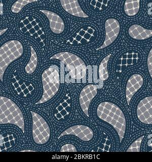 Crewel Embroidery Paisley gocce Lace Needlework Vector modello senza giunture. Stampa a mano di rotoli giacobini tradizionali Illustrazione Vettoriale