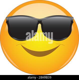 Emoji fresche nelle tonalità. Emoticon giallo sorridente con occhiali da sole. Espressione di essere fresco, felice, sorridente. Illustrazione Vettoriale