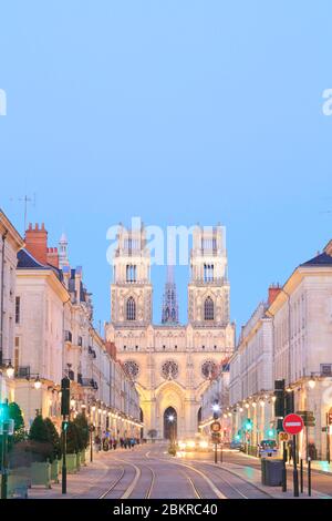 Francia, Loiret, Orleans, la cattedrale di Sainte Croix e la Rue Jeanne d'Arc visto dalla Place du General de Gaulle Foto Stock