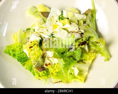 Insalata fresca mista di foglie di lattuga, compresa insalata di foglie di quercia, lattuga ciotola e lattuga romana condita con olio e balsamica Foto Stock