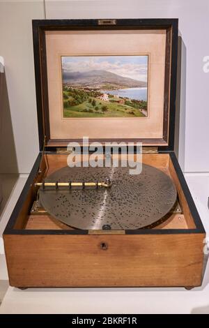 Italia, Emilia-Romagna, Bologna, museo di strumenti musicali antichi, l'Oratorio di San Colombano che ospita la collezione Tagliavini, gramophone Foto Stock