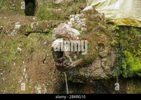 Gargoyle con acqua Santa nel complesso delle tombe reali della dinastia udayana. Antiche tombe reali al Tempio di Gunung Kawi. Complesso funerale centrato aro Foto Stock