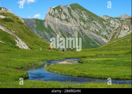 Francia, Savoia, Beaufortain, i cinque Laghi, escursionisti che salgono verso i cinque Laghi Foto Stock