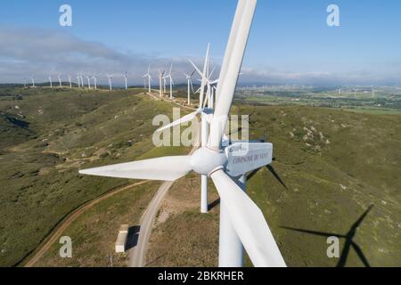 Francia, Aude, Nevian, Grande Garrigue de Nevian, azienda eolica composta da 21 turbine eoliche, 0,85 MW turbina gamesa eolica per una potenza totale di 17.55 MW, compagnie du vent LCV, Engie Green, filiale di '' Engie specializzata in energie rinnovabili (vista aerea) Foto Stock