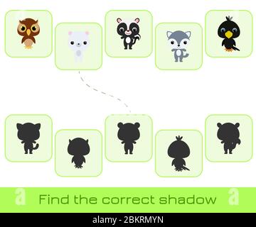 Clip card modello di gioco trovare l'ombra corretta. Partita di corrispondenza per bambini. Attività educativa per bambini e bambini in età prescolare. Illustrazione Vettoriale