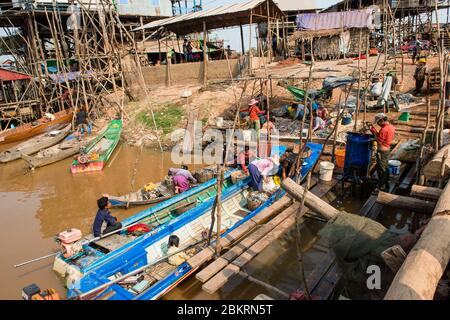 Cambogia, Kompong Kleang o Kampong Kleang, villaggio su palafitte vicino al lago Tonle SAP, di ritorno dalla pesca Foto Stock