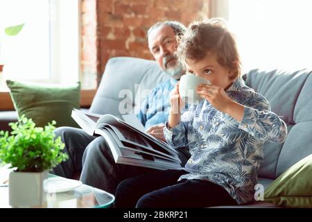 Caffè che beve. Nonno e suo nipote che trascorrono insieme il tempo isolato a casa. Divertirsi, leggere rivista, felice. Concetto di quarantena, famiglia, amore, realtà, insieme, educazione. Foto Stock