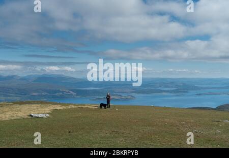 Un camminatore maschio e un rireperitore rivestito di ricci su Maol Odhar. Loch Linnhe sullo sfondo. Ben Cuachan è sulla sinistra con la nuvola sulla sua cima Foto Stock