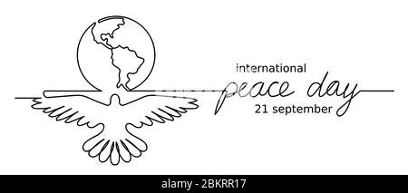 Bianco e nero minimalista Peace Day illustrazione con piccione. Colomba e terra vettore banner, sfondo. Semplice disegno a una sola linea. Continuo Illustrazione Vettoriale