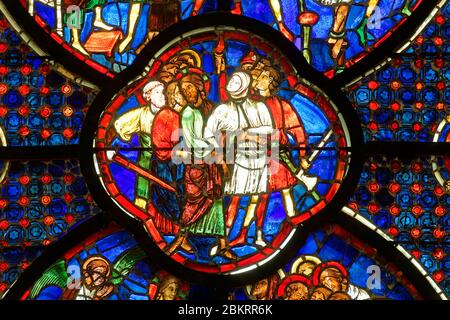 Francia, Aisne, Laon, la città alta, Notre-Dame de Laon cattedrale, architettura gotica, vetrate, arresto di Gesù Foto Stock