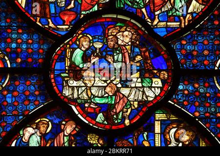 Francia, Aisne, Laon, la città alta, Notre-Dame de Laon cattedrale, architettura gotica, vetrate, l'ultima cena Foto Stock