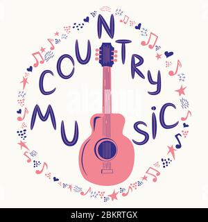 Chitarra acustica circondata da note, l'iscrizione Love Music, Country Music. Country Cowboy Music Festival Creative Event Live Event Poster Concept Illustrazione Vettoriale