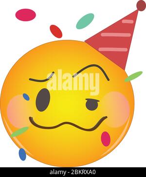 Emoji arrossire ubriaco alla festa. Emoticon giallo faccia bevuto festa con una bocca sbriciolata, un occhio mezzo chiuso, arrossendo guance, in un cappello rosso e co Illustrazione Vettoriale
