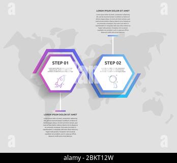 Infografiche aziendali vettoriali. Linea temporale moderna con 2 esagoni. Utilizzato per il web design, la pubblicità di marketing, il layout del flusso di lavoro, il report annuale, il diagramma di flusso Illustrazione Vettoriale