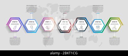 Infografica vettoriale aziendale. Linea temporale moderna con 7 esagoni. Utilizzato per il web design, marketing pubblicitario, layout del flusso di lavoro, report annuale, presentazione Illustrazione Vettoriale