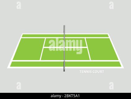 Campo da tennis vuoto con rete divisoria al centro, vista laterale in alto. Illustrazione vettoriale isolata su sfondo normale. Illustrazione Vettoriale