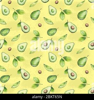 Avocado disegno senza cuciture su sfondo giallo dipinto con acquerello Foto Stock