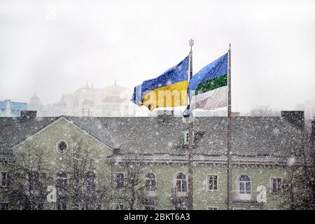 Bandiera nazionale Ucraina e bandiera comunale della città di Rivne fluttering nel vento durante la nevicata contro gli edifici Foto Stock