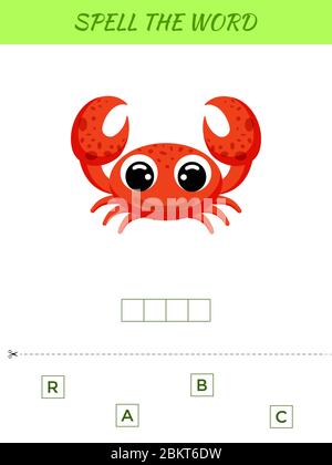 Modello di gioco di scramble di parola di ortografia. Attività educativa per bambini e bambini in età prescolare con simpatico granchio. Illustrazione di un materiale vettoriale piatto. Illustrazione Vettoriale