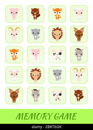 Clipart carte modello di gioco trovare due stesse immagini. Gioco di memoria per bambini. Foglio di lavoro sviluppo formazione. Formazione logica di pensiero. Illustrazione Vettoriale