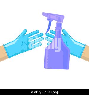 Igienizzatore e guanti per uso medico. Gel per lavaggio per disinfezione. Dispenser per igiene. Spray manuale. Ugello irroratrice d'aria Illustrazione Vettoriale