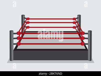 Illustrazione vettoriale dell'anello di wrestling con piattaforma a palco sopraelevata circondata da funi ad anello rosse e montanti ad anello in acciaio in vista prospettica laterale isolati Illustrazione Vettoriale