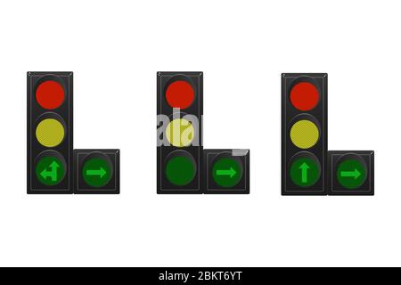 Semaforo. Rosso, giallo e verde. Freccia dritta, svolta a destra e a sinistra. Illustrazione vettoriale. Segnale stradale. Illustrazione Vettoriale