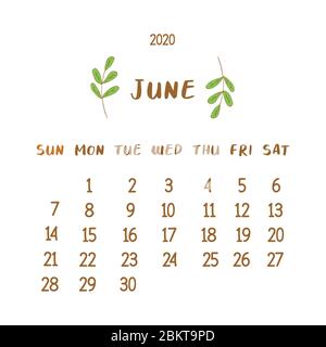 Calendario del mese di giugno 2020 con ramoscelli verdi. Illustrazione vettoriale su sfondo bianco. Primo mese d'estate Illustrazione Vettoriale