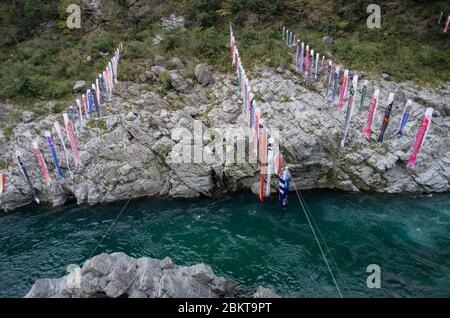 Striscioni di carpe Koinobori sopra il fiume Yoshino nella gola di Oboke, Shikoku, Giappone Foto Stock