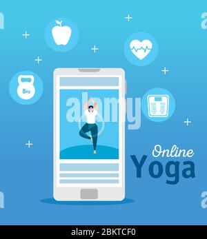 donna che pratica yoga tecnologia online Illustrazione Vettoriale