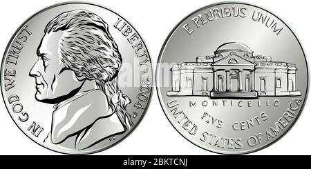 Jefferson nickel, denaro americano, USA moneta da cinque cent con il terzo presidente americano Thomas Jefferson su obverse e la sua casa Monticello su reverse Illustrazione Vettoriale