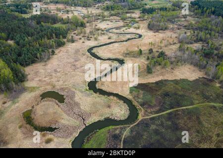 Vista aerea del fiume Warta con molti meandri. Regione del Giura vicino a Czestochowa. Voivodato silesiano. Polonia. Foto Stock