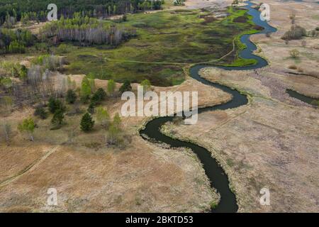 Vista aerea del fiume Warta con molti meandri. Regione del Giura vicino a Czestochowa. Voivodato silesiano. Polonia. Foto Stock