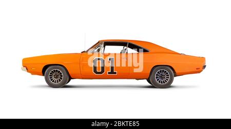 Dodge Charger 1969, isolato su bianco. Foto Stock