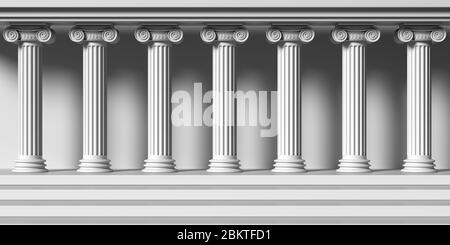 Edificio classico colonne in pietra. Colonne di marmo in stile ionico colonnato, facciata antica greca tempio. illustrazione 3d Foto Stock