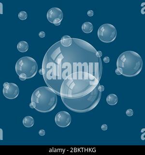 Serie di bolle d'acqua con riflessi. Bolle realistiche di sapone. Illustrazione vettoriale. Bolle di fondo Illustrazione Vettoriale