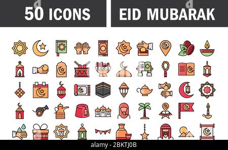 eid mubarak islamic religiosa celebrazione icone tradizionali impostare vettore illustrazione icona stile piatto Illustrazione Vettoriale